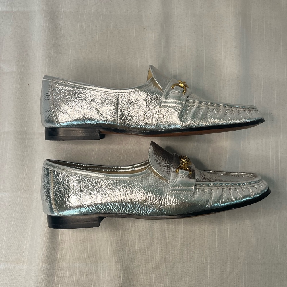 Sam Edelman Metallic Silver Leather Loafers with Gold Hardware - Picture 5 of 7
